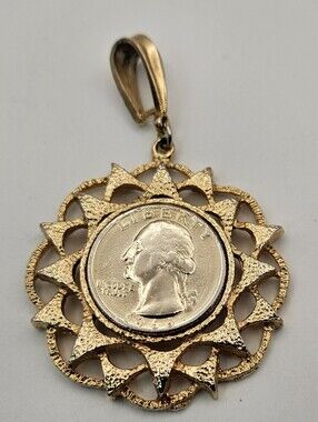 Vintage 1966 US Quarter Coin Pendant Gold Tone Sunburst Frame Bezel
